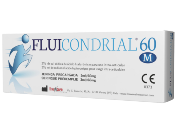 Zdjęcie przedstawia wyrób medyczny Fluicondrial M 60, roztwór do wstrzykiwań dostawowych, 60 mg/3 ml.