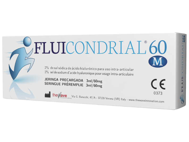 Zdjęcie przedstawia wyrób medyczny Fluicondrial M 60, roztwór do wstrzykiwań dostawowych, 60 mg/3 ml.