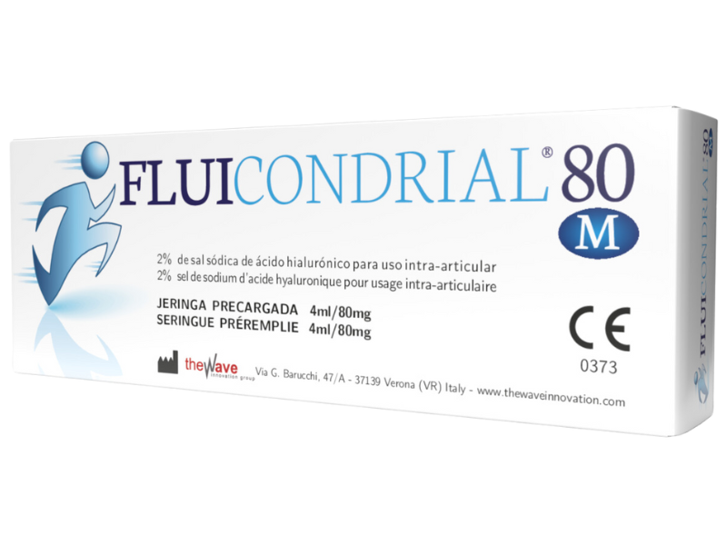 Zdjęcie przedstawia wyrób medyczny Fluicondrial M 80, roztwór do wstrzykiwań dostawowych, 80 mg/4 ml.