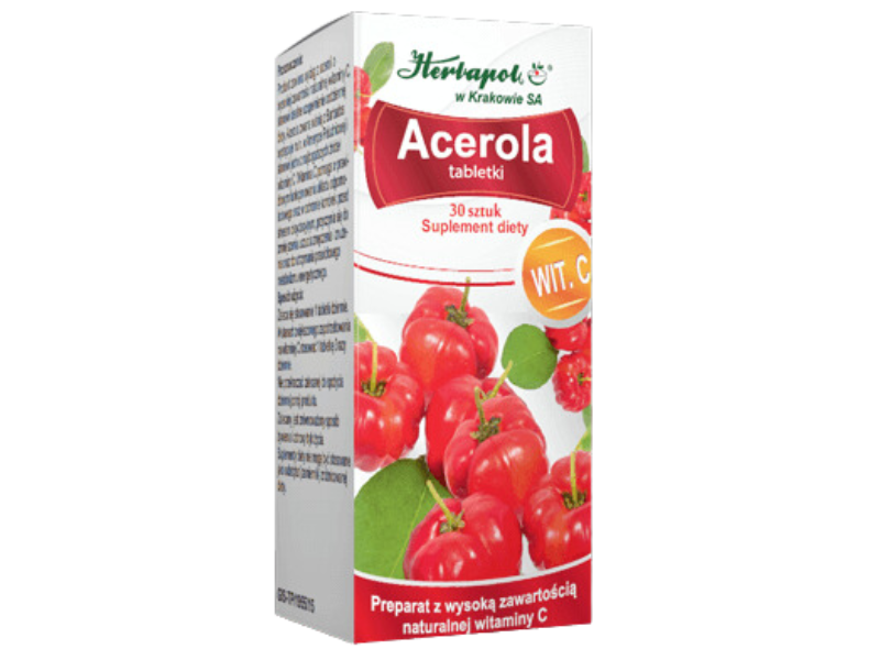 Zdjęcie przedstawia suplement diety Herbapol Kraków Acerola, tabletki.