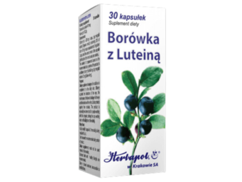 Zdjęcie przedstawia suplement diety Herbapol Kraków Borówka z luteiną, kapsułki.
