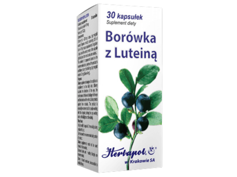 Zdjęcie przedstawia suplement diety Herbapol Kraków Borówka z luteiną, kapsułki.