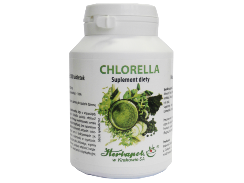 Zdjęcie przedstawia suplement diety Herbapol Kraków Chlorella, tabletki.