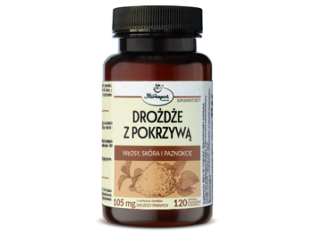 Zdjęcie przedstawia suplement diety Herbapol Kraków Drożdże z pokrzywą, kapsułki.