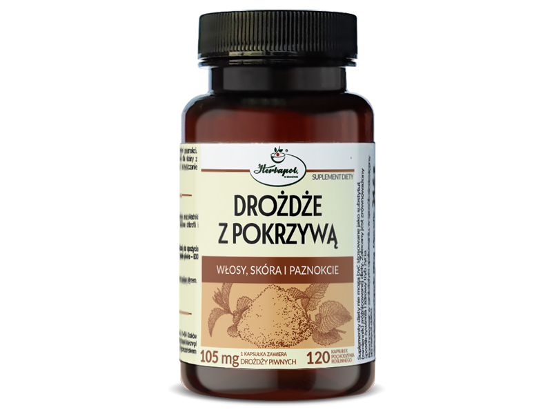 Zdjęcie przedstawia suplement diety Herbapol Kraków Drożdże z pokrzywą, kapsułki.