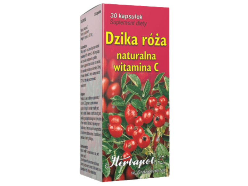 Zdjęcie przedstawia suplement diety Herbapol Kraków Dzika róża, kapsułki.