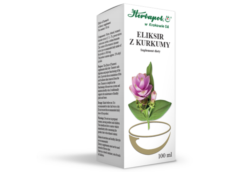 Zdjęcie przedstawia suplement diety Herbapol Kraków Eliksir z kurkumy, płyn doustny.