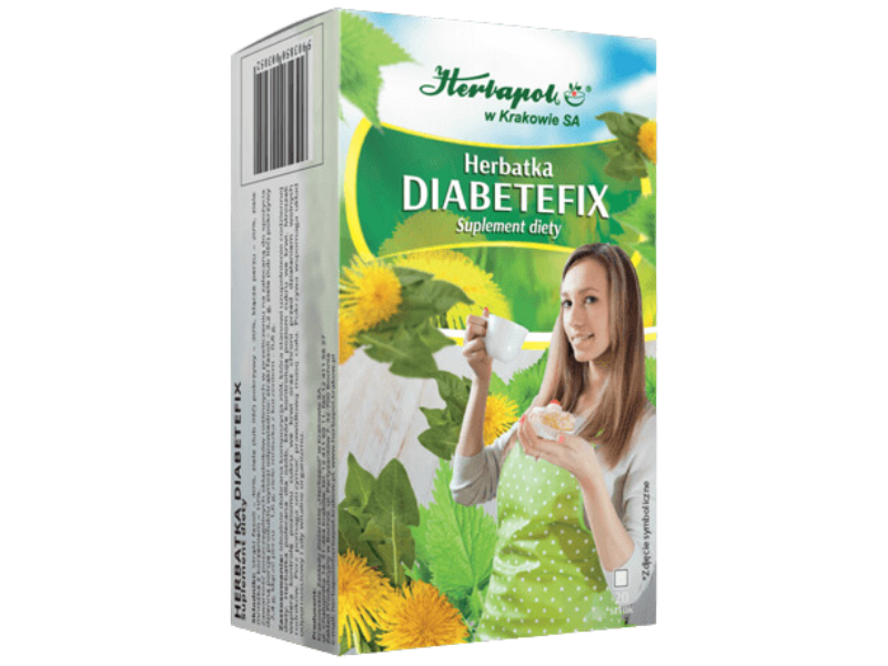Zdjęcie przedstawia suplement diety Herbapol Kraków Herbatka Diabetefix, zioła do zaparzania.