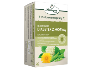 Zdjęcie przedstawia suplement diety Herbapol Kraków Herbatka Fix Diabetex z morwą, zioła do zaparzania.