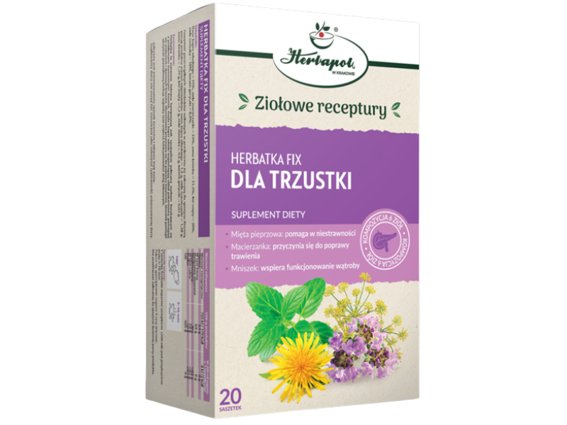 Zdjęcie przedstawia suplement diety Herbapol Kraków Herbatka Fix dla trzustki, zioła do zaparzania.