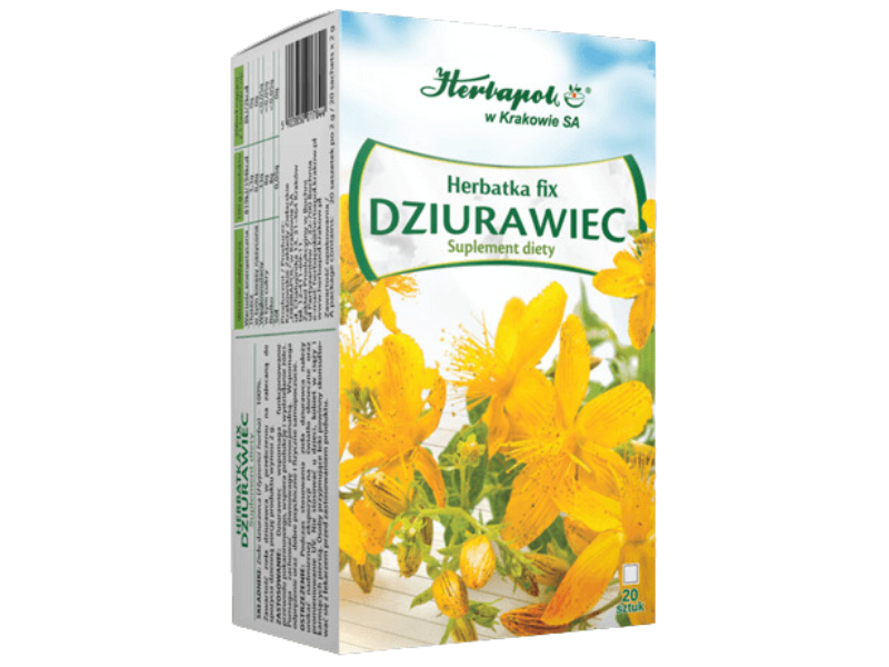 Zdjęcie przedstawia suplement diety Herbapol Kraków Herbatka Fix dziurawiec, zioła do zaparzania.