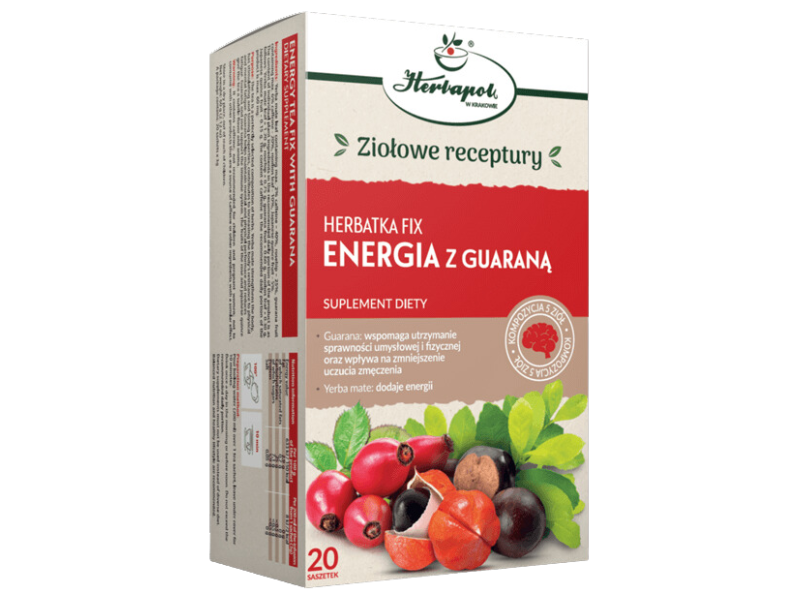 Zdjęcie przedstawia suplement diety Herbapol Kraków Herbatka Fix energia z guaraną, zioła do zaparzania.