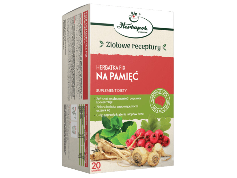 Zdjęcie przedstawia suplement diety Herbapol Kraków Herbatka Fix na pamięć, zioła do zaparzania.