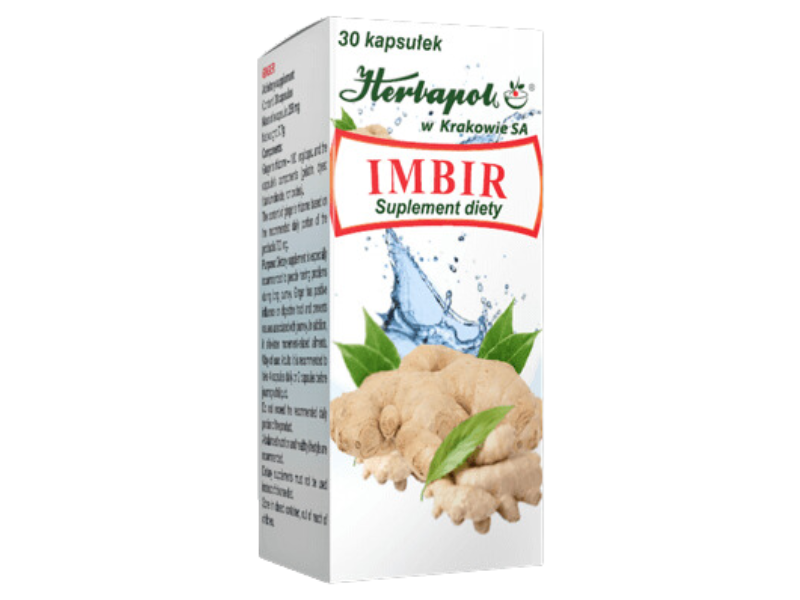 Zdjęcie przedstawia suplement diety Herbapol Kraków Imbir, kapsułki.