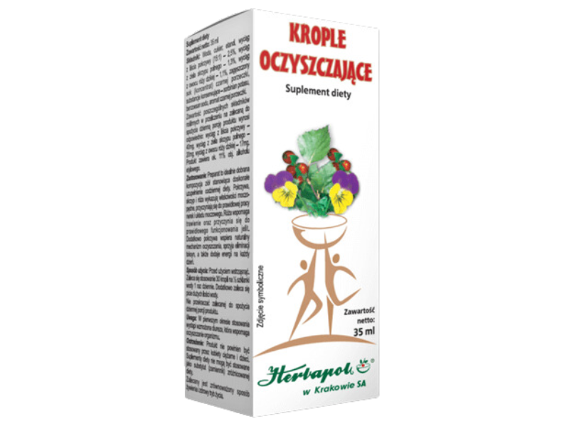 Zdjęcie przedstawia suplement diety Herbapol Kraków Krople oczyszczające, krople.