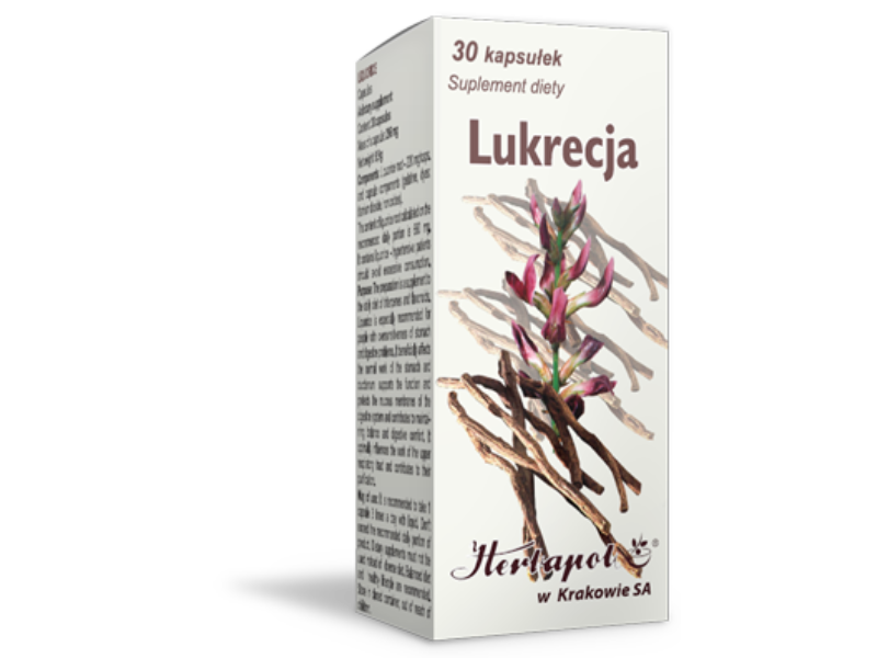 Zdjęcie przedstawia suplement diety Herbapol Kraków Lukrecja, kapsułki.