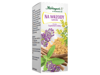 Zdjęcie przedstawia suplement diety Herbapol Kraków Na wrzody, tabletki.