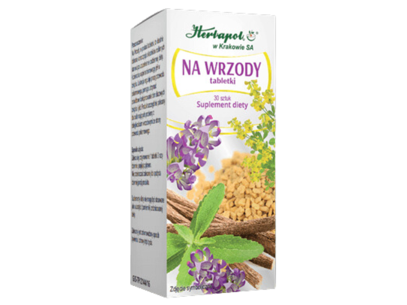 Zdjęcie przedstawia suplement diety Herbapol Kraków Na wrzody, tabletki.