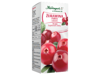 Zdjęcie przedstawia suplement diety Herbapol Kraków Żurawina Forte, tabletki.
