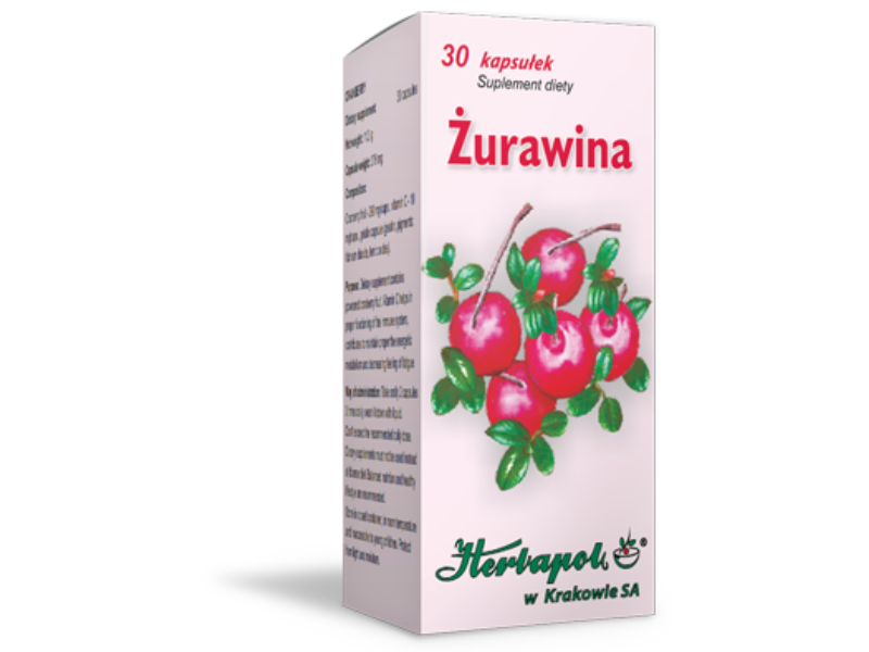 Zdjęcie przedstawia suplement diety Herbapol Kraków Żurawina, kapsułki.