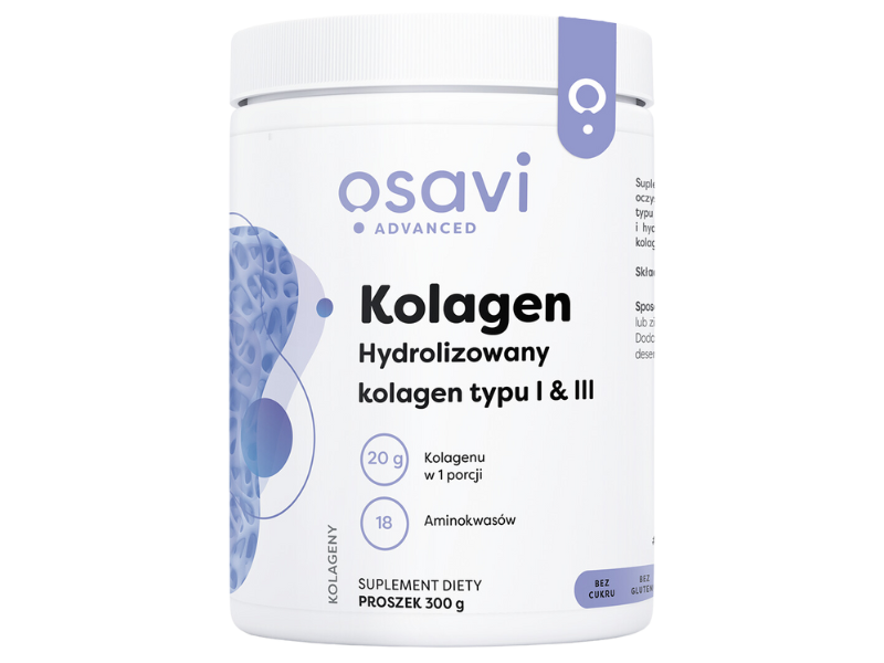 Zdjęcie przedstawia suplement diety OSAVI Advanced Hydrolizowany kolagen typu I & III, proszek.