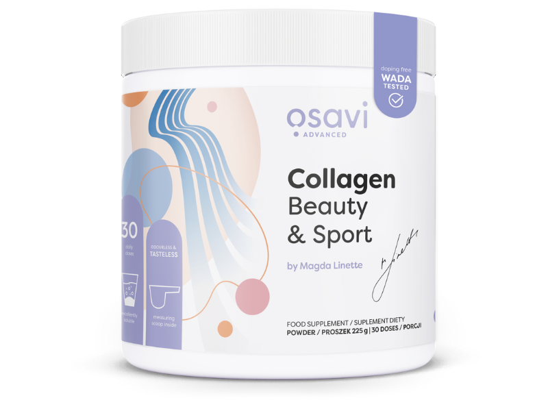 Zdjęcie przedstawia suplement diety OSAVI Advanced Kolagen Beauty & Sport, proszek.
