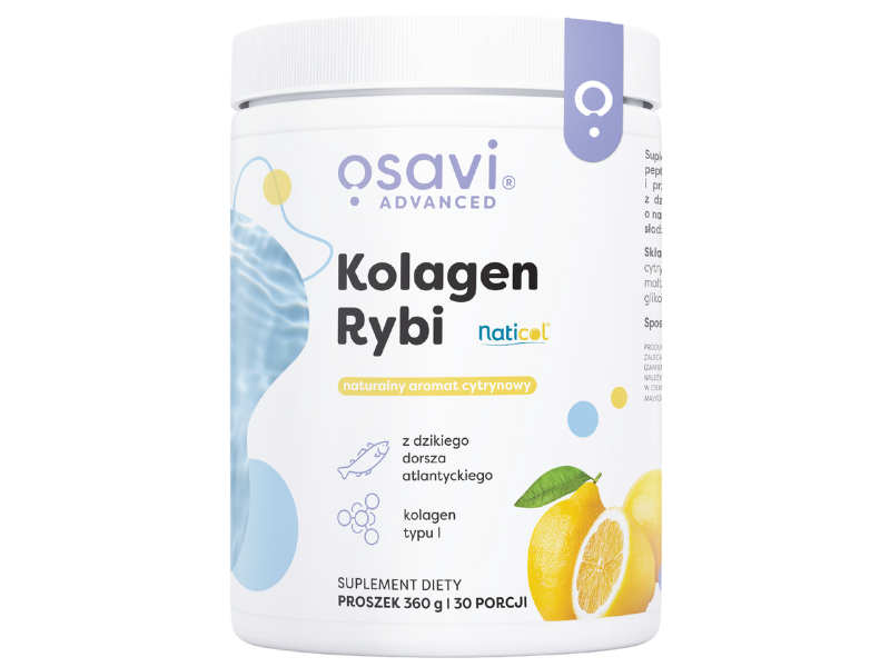 Zdjęcie przedstawia suplement diety OSAVI Advanced Kolagen Rybi naturalny aromat cytrynowy, proszek.