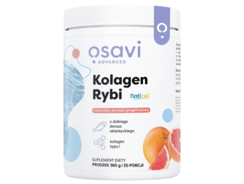 Zdjęcie przedstawia suplement diety OSAVI Advanced Kolagen Rybi naturalny aromat grejpfrutowy, proszek.