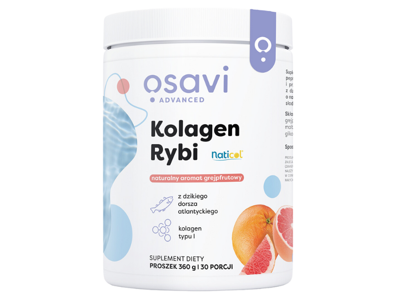 Zdjęcie przedstawia suplement diety OSAVI Advanced Kolagen Rybi naturalny aromat grejpfrutowy, proszek.
