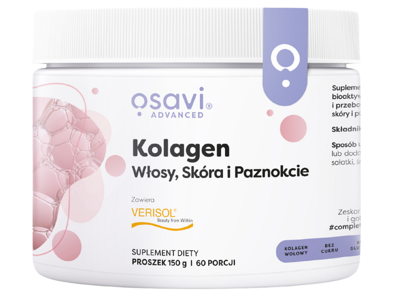 Zdjęcie przedstawia suplement diety OSAVI Advanced Kolagen Włosy, skóra i paznokcie [neutral], proszek.