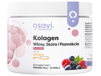 Zdjęcie przedstawia suplement diety OSAVI Advanced Kolagen Włosy, skóra i paznokcie - owoce leśne, proszek.