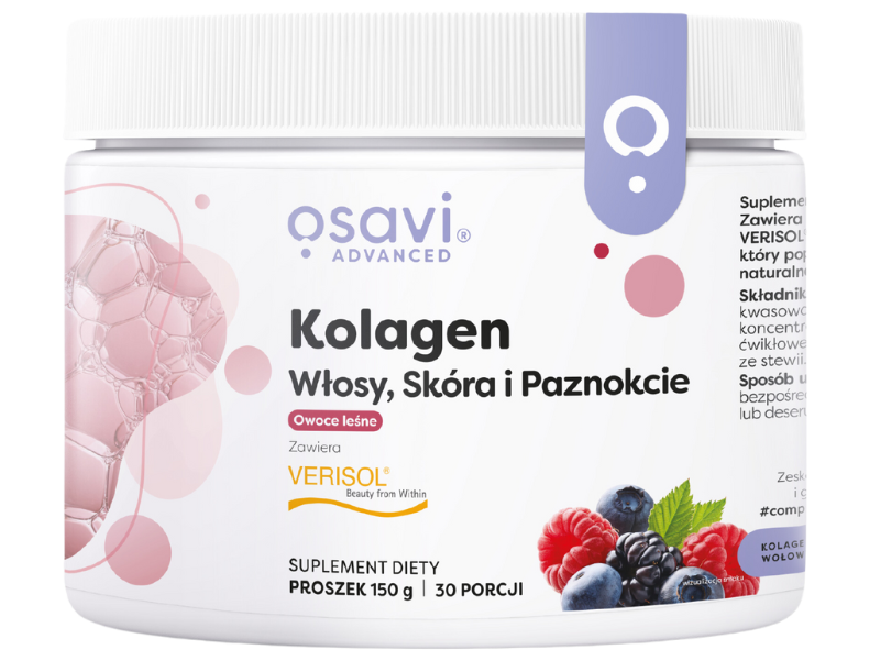 Zdjęcie przedstawia suplement diety OSAVI Advanced Kolagen Włosy, skóra i paznokcie - owoce leśne, proszek.