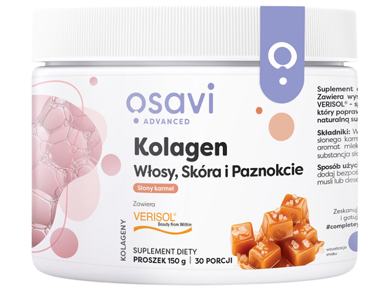 Zdjęcie przedstawia suplement diety OSAVI Advanced Kolagen Włosy, skóra i paznokcie - słony karmel, proszek.
