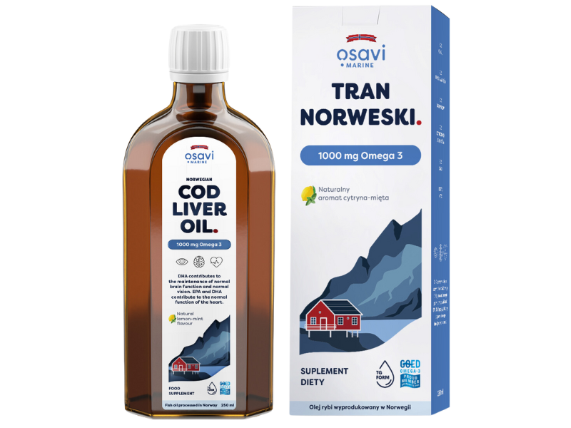 Zdjęcie przedstawia suplement diety OSAVI Marine Tran Norweski Omega 3 - naturalny aromat cytryna-mięta, płyn doustny, 1000 mg.