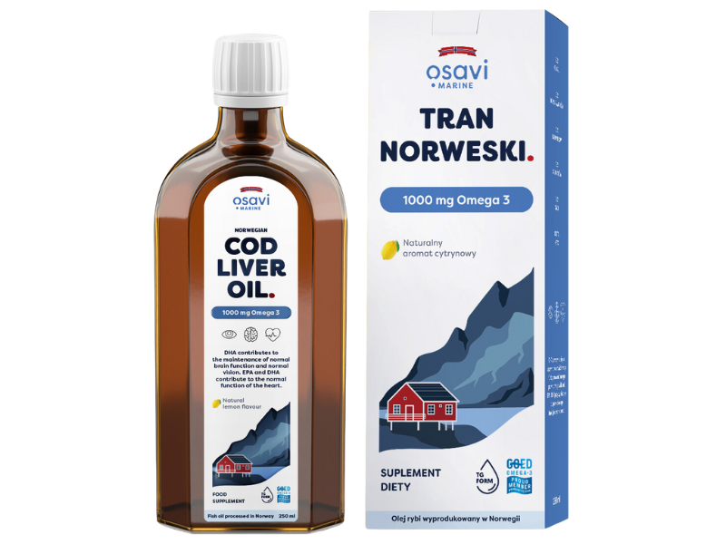 Zdjęcie przedstawia suplement diety OSAVI Marine Tran Norweski Omega 3 - naturalny aromat cytrynowy, płyn doustny, 1000 mg.