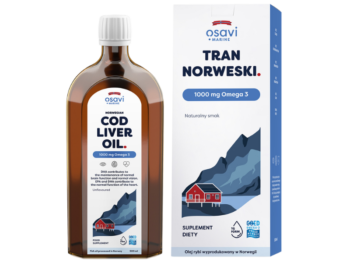 Zdjęcie przedstawia suplement diety OSAVI Marine Tran Norweski Omega 3 - naturalny aromat, płyn doustny, 1000 mg.