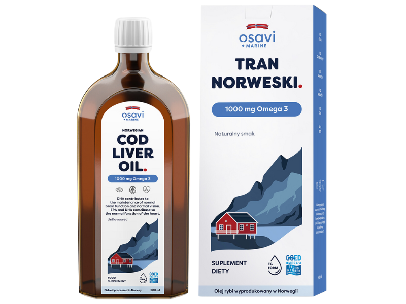 Zdjęcie przedstawia suplement diety OSAVI Marine Tran Norweski Omega 3 - naturalny aromat, płyn doustny, 1000 mg.