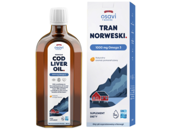 Zdjęcie przedstawia suplement diety OSAVI Marine Tran Norweski Omega 3 - naturalny aromat pomarańczowy, płyn doustny, 1000 mg.