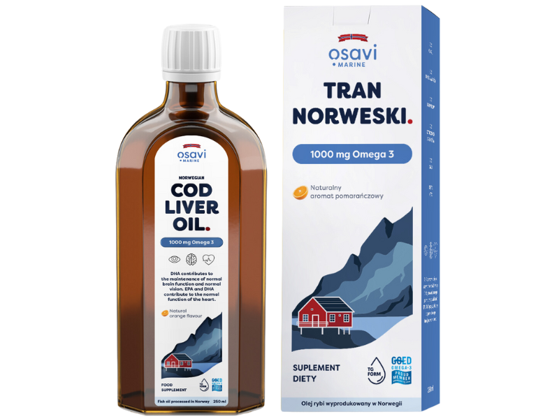 Zdjęcie przedstawia suplement diety OSAVI Marine Tran Norweski Omega 3 - naturalny aromat pomarańczowy, płyn doustny, 1000 mg.