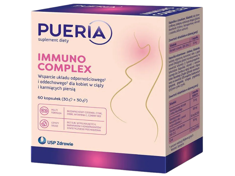 Zdjęcie przedstawia suplement diety Pueria Immuno Complex, kapsułki.
