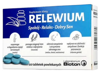 Zdjęcie przedstawia suplement diety Relewium, tabletki powlekane.