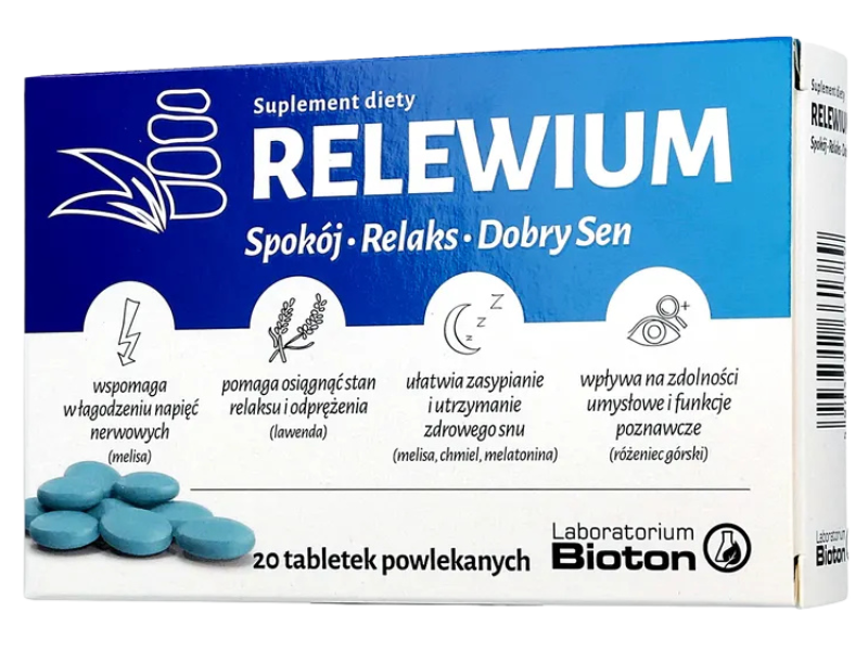 Zdjęcie przedstawia suplement diety Relewium, tabletki powlekane.