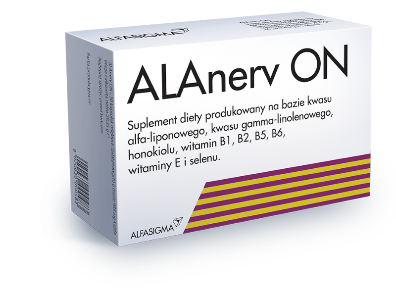 Zdjęcie przedstawia suplement diety ALAnerv ON, kapsułki miękkie.