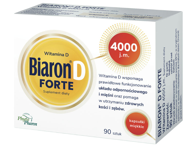 Zdjęcie przedstawia suplement diety Biaron D FORTE 4000 j.m., kapsułki.