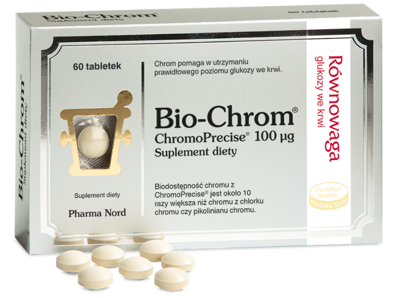Zdjęcie przedstawia suplement diety Bio-Chrom, tabletki, 100 µg.