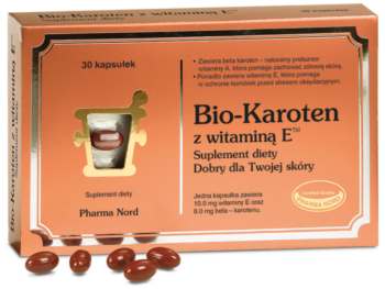 Zdjęcie przedstawia suplement diety Bio-Karoten + E, kapsułki.