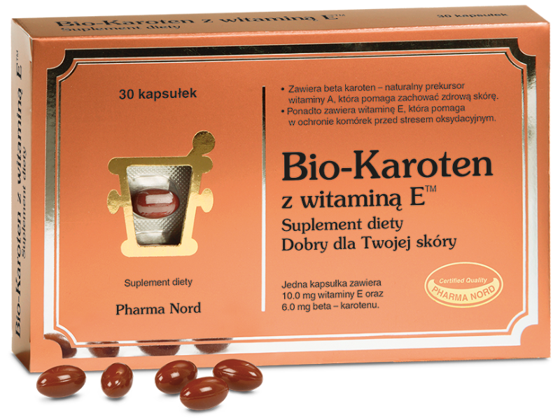 Zdjęcie przedstawia suplement diety Bio-Karoten + E, kapsułki.