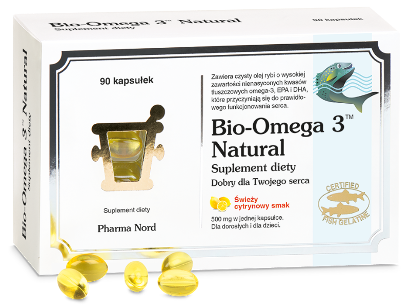 Zdjęcie przedstawia suplement diety Bio-Omega 3 Natural, kapsułki.