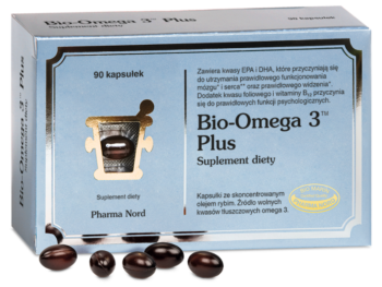 Zdjęcie przedstawia suplement diety Bio-Omega 3 Plus, kapsułki.