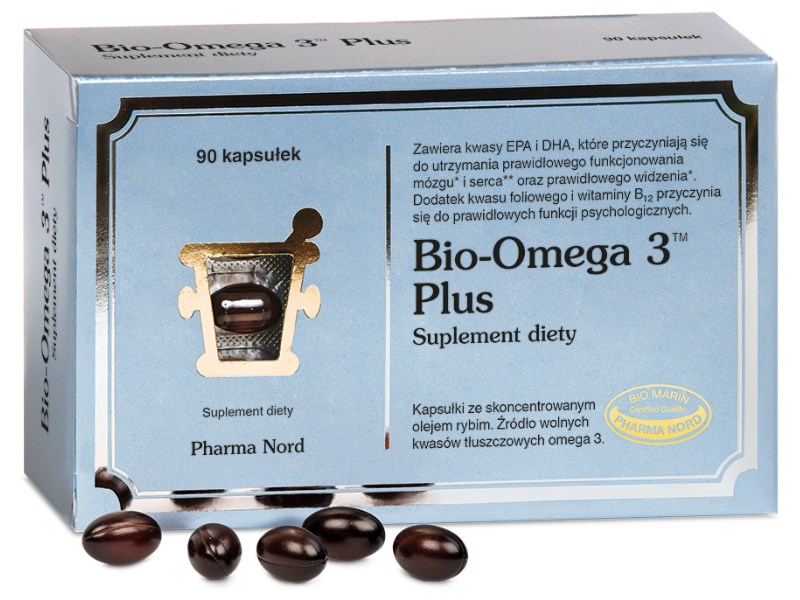 Zdjęcie przedstawia suplement diety Bio-Omega 3 Plus, kapsułki.